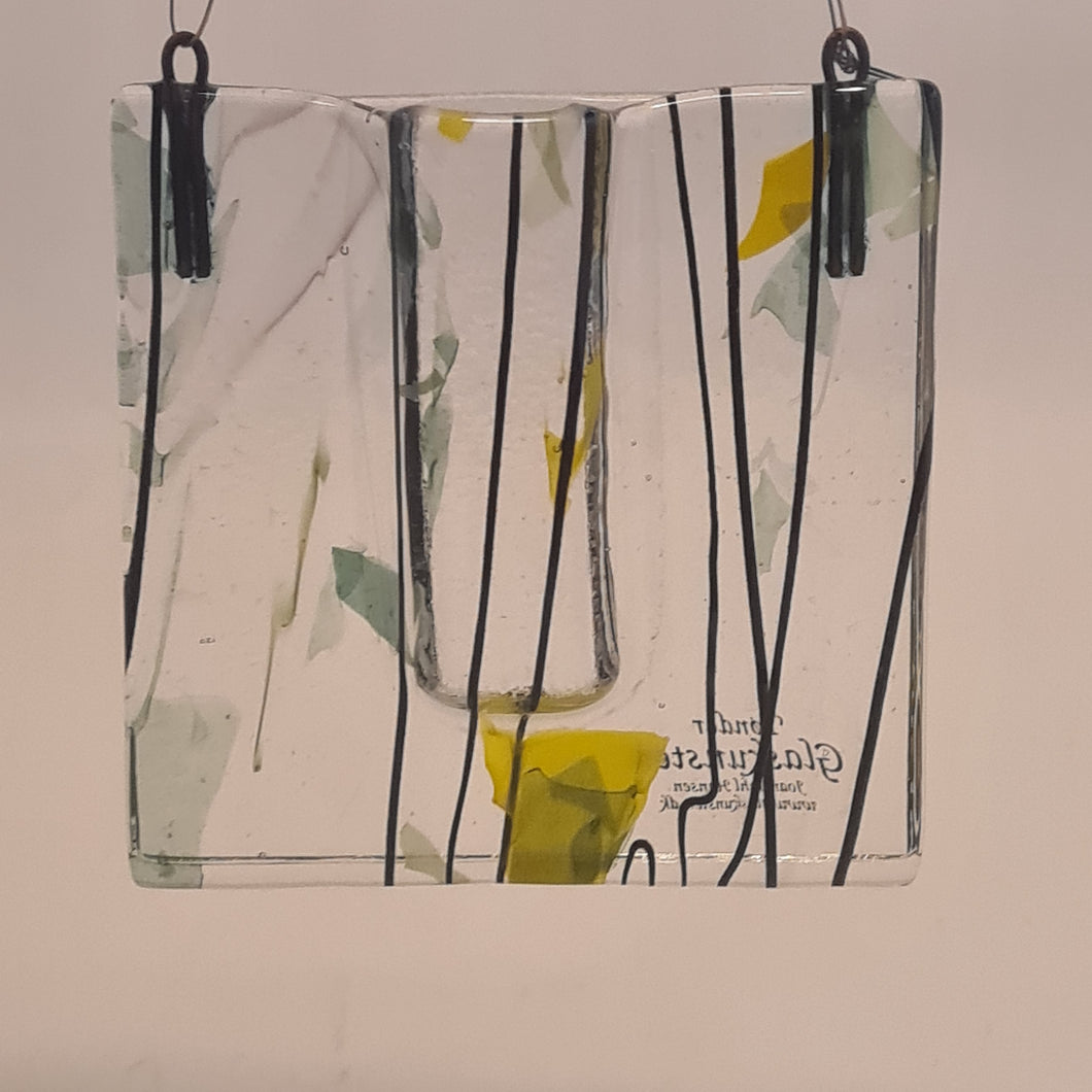 Hængevase i glas, klar med grønt/gult/sort mønster.